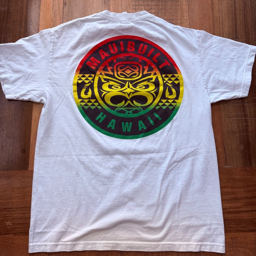 Maui Built Hawaii Mens Graphic T Shirt White Rasta Double Side Surf Skate Size L
